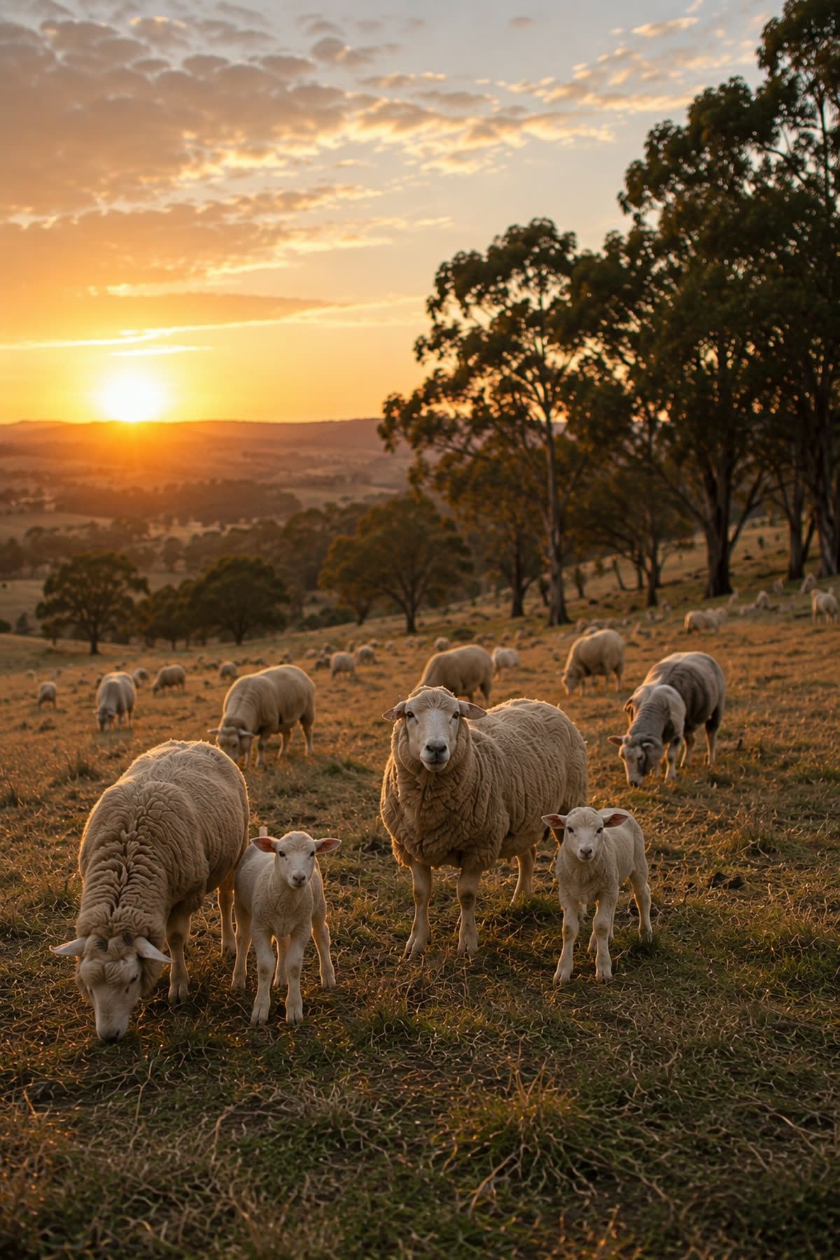 Sheep and lambs grazing in the Barossa hills at sunset